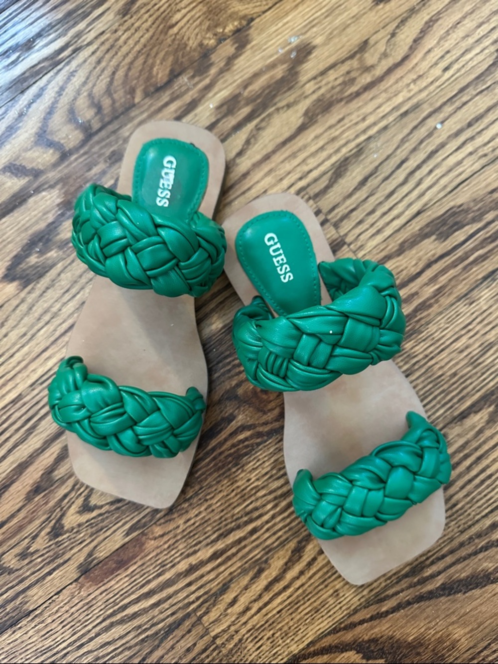 GUESS Green Braided Double-Strap Slide Sandals